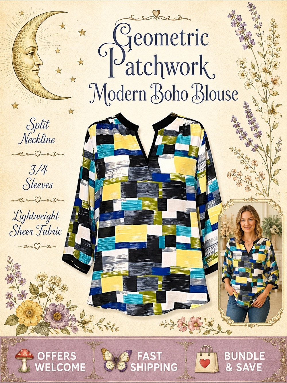 Antilia Femme Geometric Patchwork Blouse Split Neck 3/4 Sleeves XL
